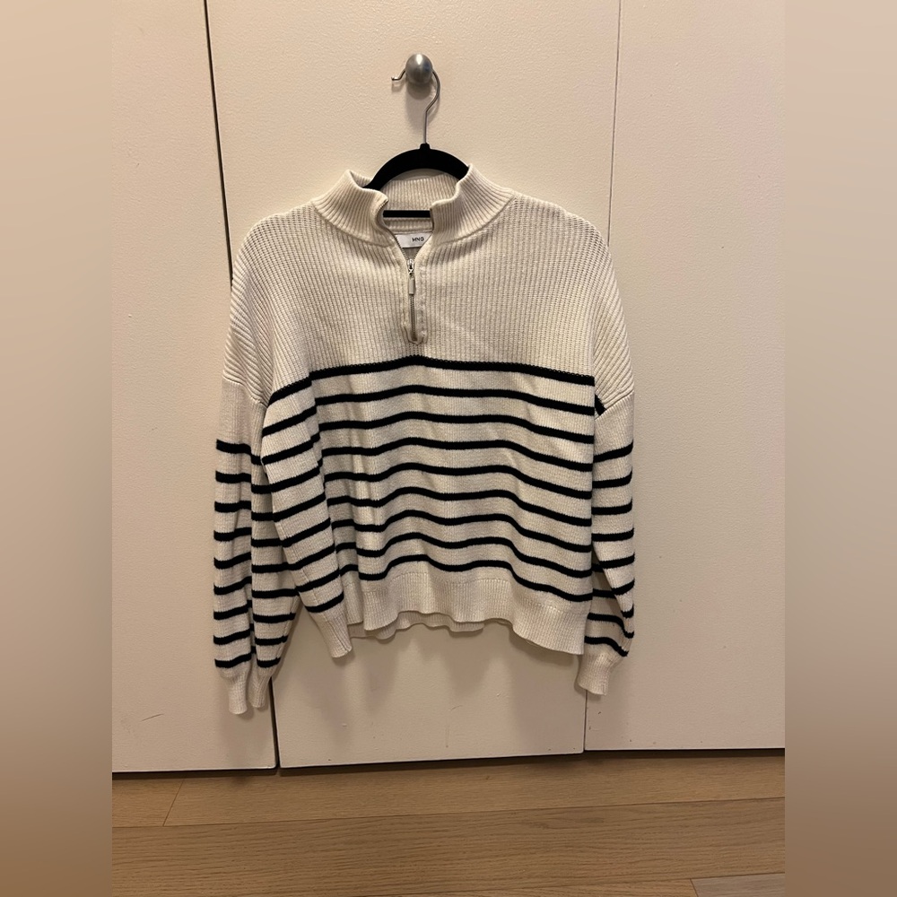 Mango White Ribbed Knit Stripe Top